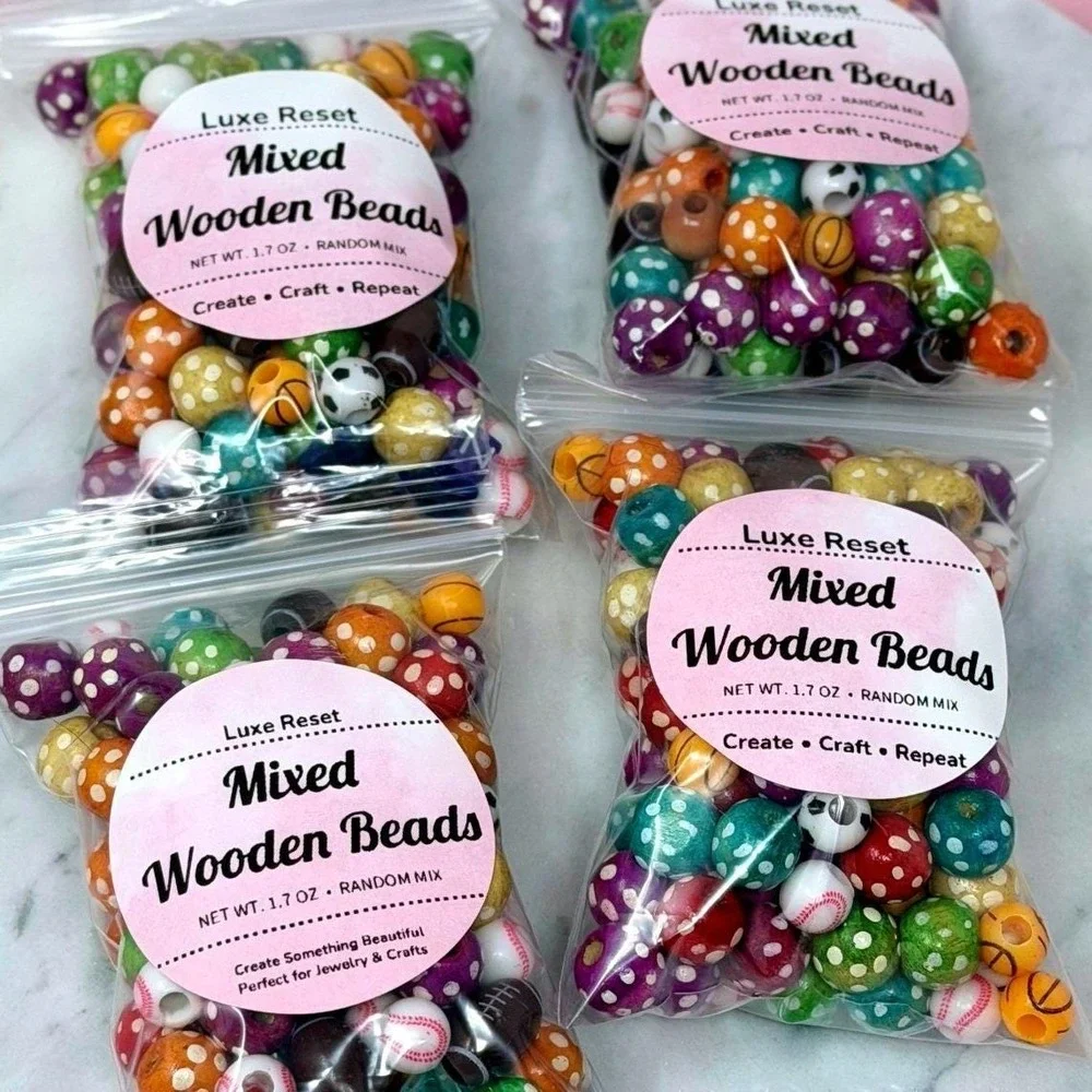 Luxe Reset 1.7oz Mixed Wooden Beads Polka Dot Sports Craft Jewelry DIY Mix